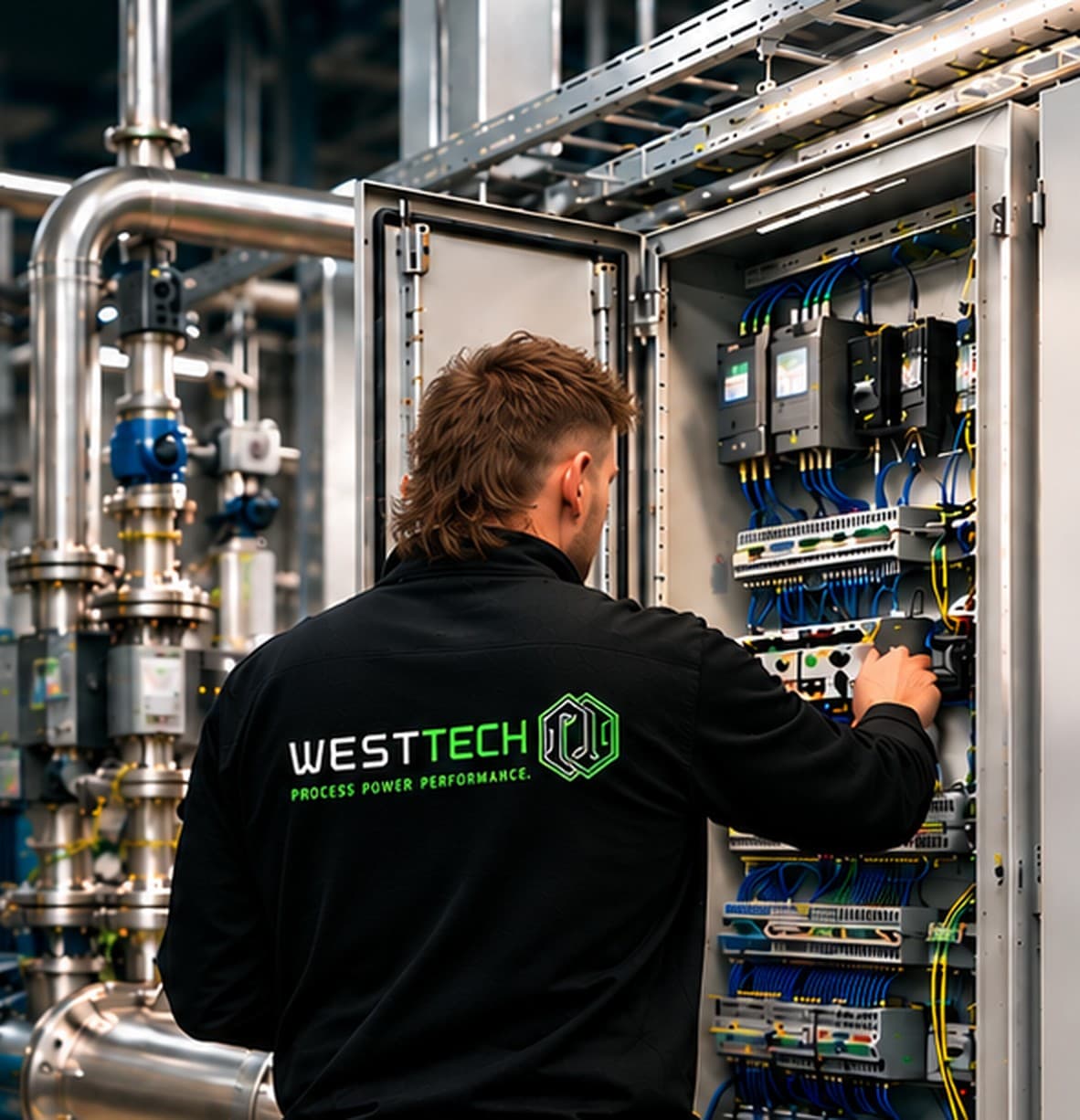 WESTTECH-tekniker ved eltavle på industrielt anlæg